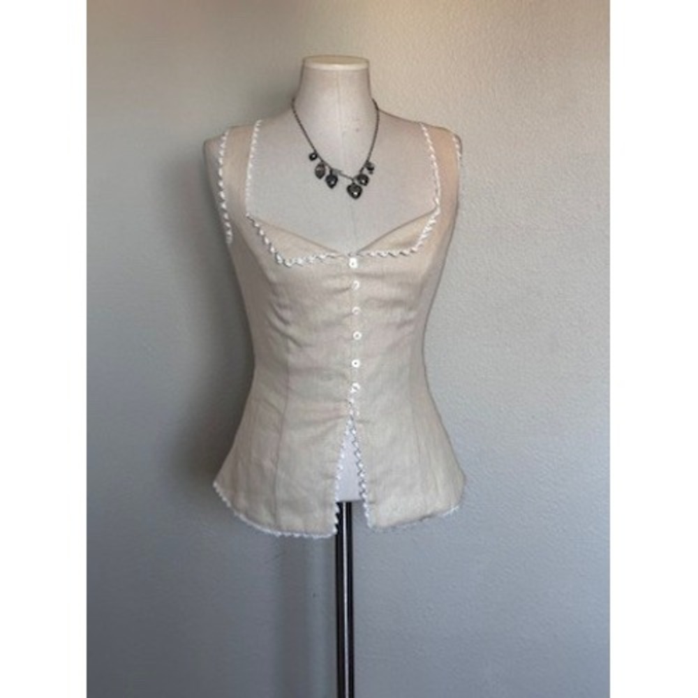 Reformation Viola Linen Corset Top Beige Lace Trim Button Front Tie Back 4 NWT
